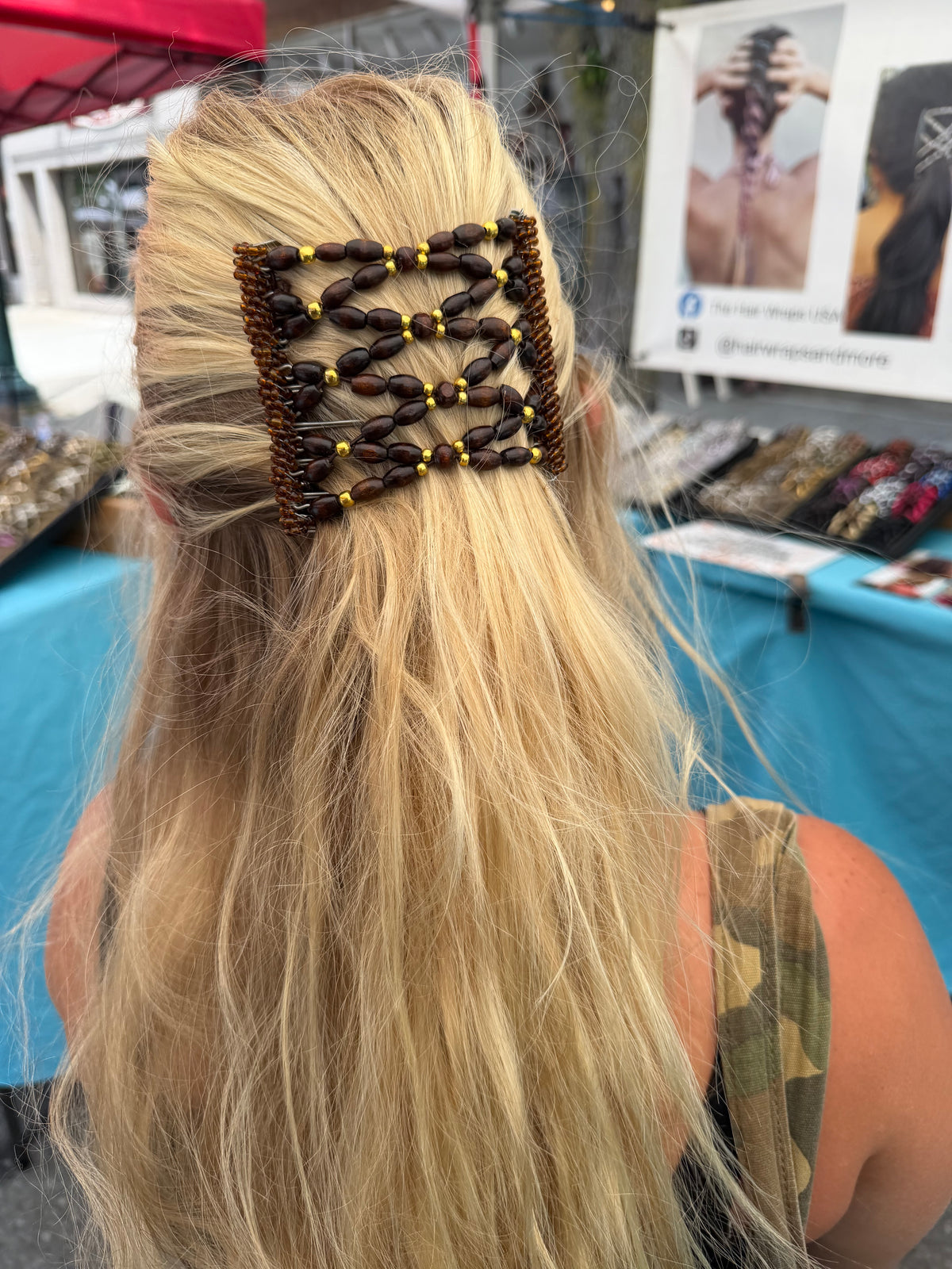Brown Wood & Gold Stainless Steel Hair Comb