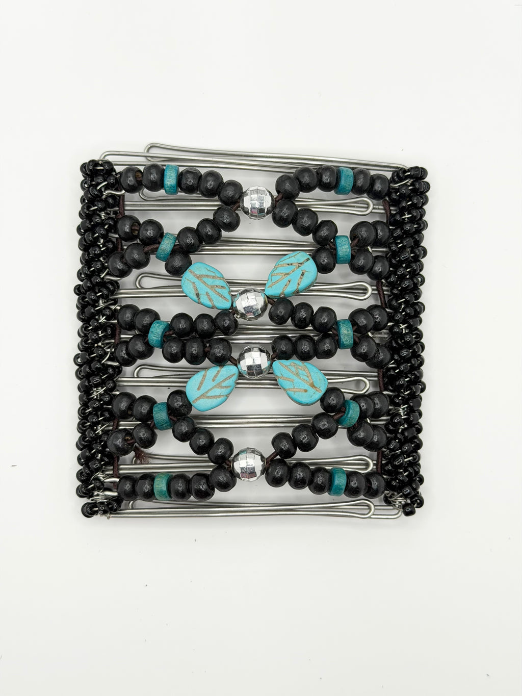 Turquoise Leaf & Black Wood Stainless Steel Hair Comb