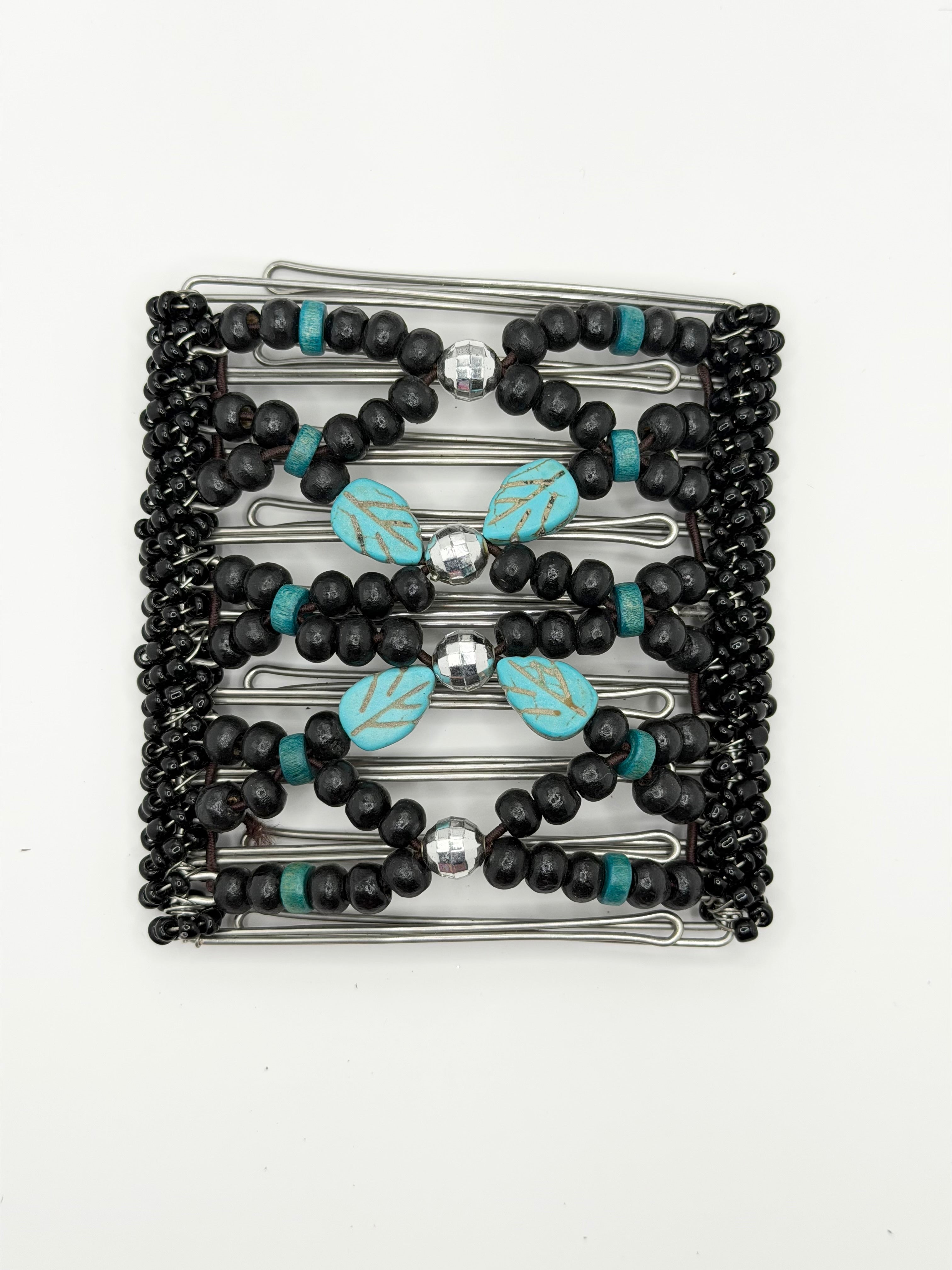 Turquoise Leaf & Black Wood Stainless Steel Hair Comb