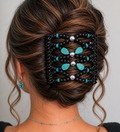 Close-up of Turquoise Leaf & Black Wood  Stainless Steel Hair Gripper Comb in a styled Up do. 